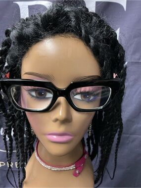 Glossy Black Cat-Eye Glasses with Pink Choker